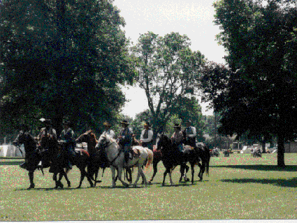 Captain of the 2nd Mo Cav doing mounted drill on the gray (white) horse at Jacksonville, IL 2002
